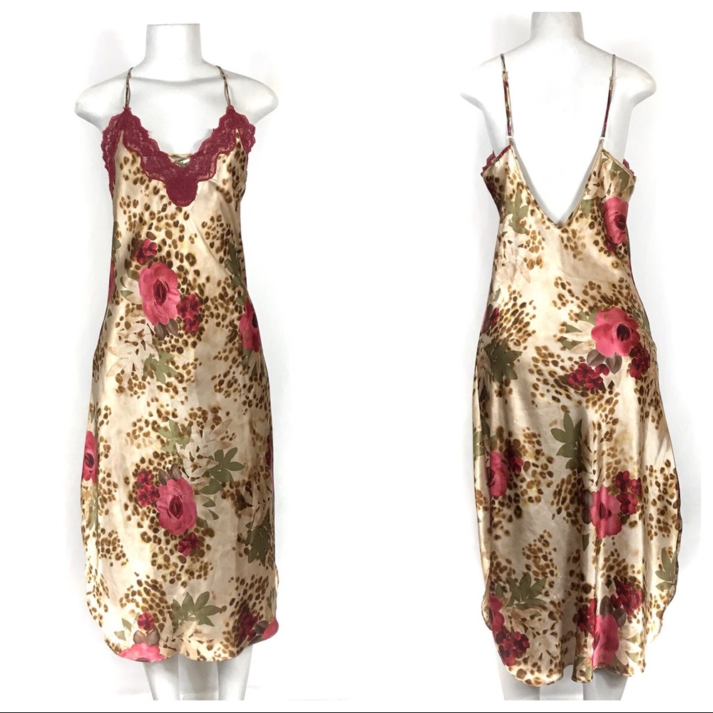 Lucy Pereda Slip Dress Size Medium VTG Y2K Lace Leopard Floral Animal Print